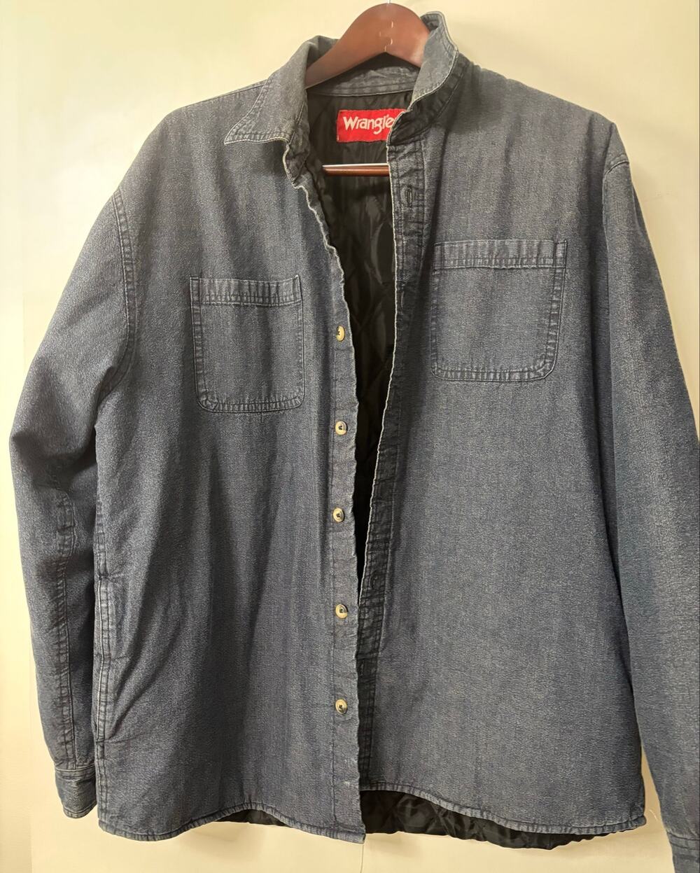 Men's Wrangler Quilted Lined Denim Shirt Jacket Size Large Shacket Chore Barn